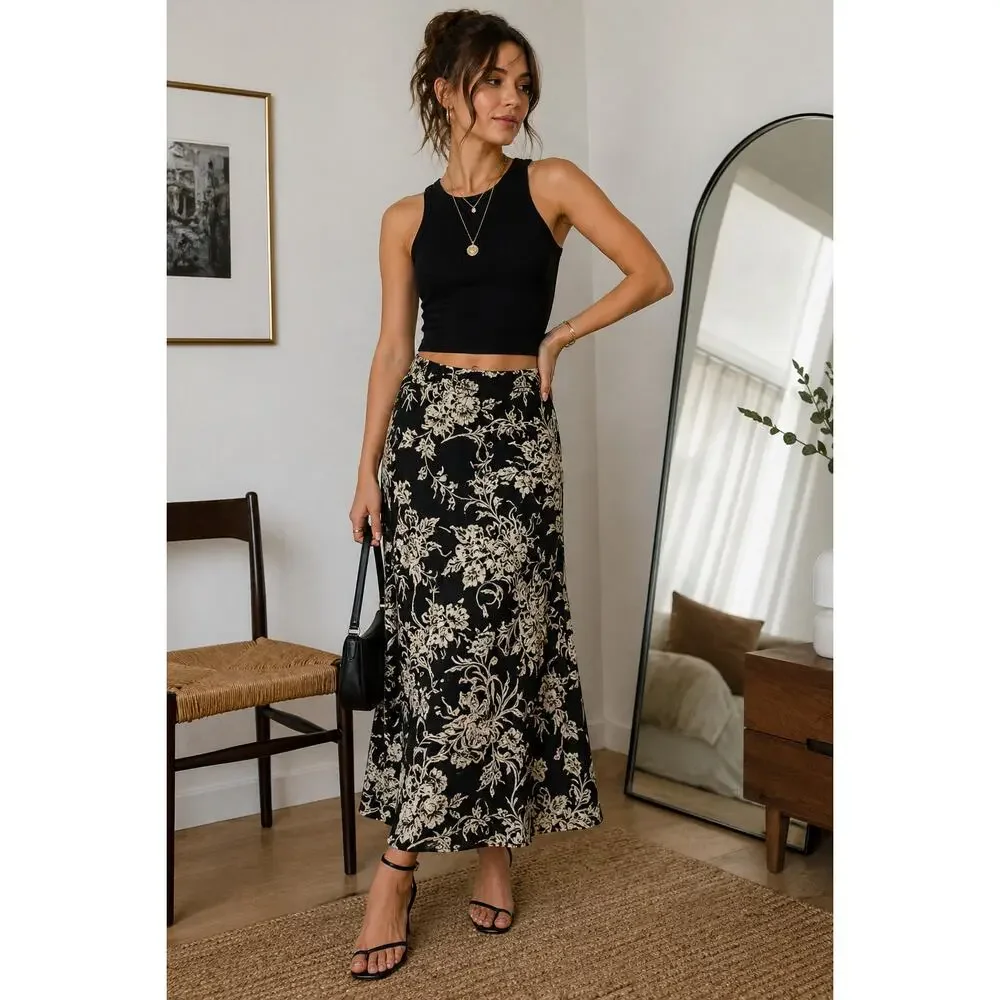 Josephine Chaus Collection Black & Taupe Floral Midi Skirt – Size 8